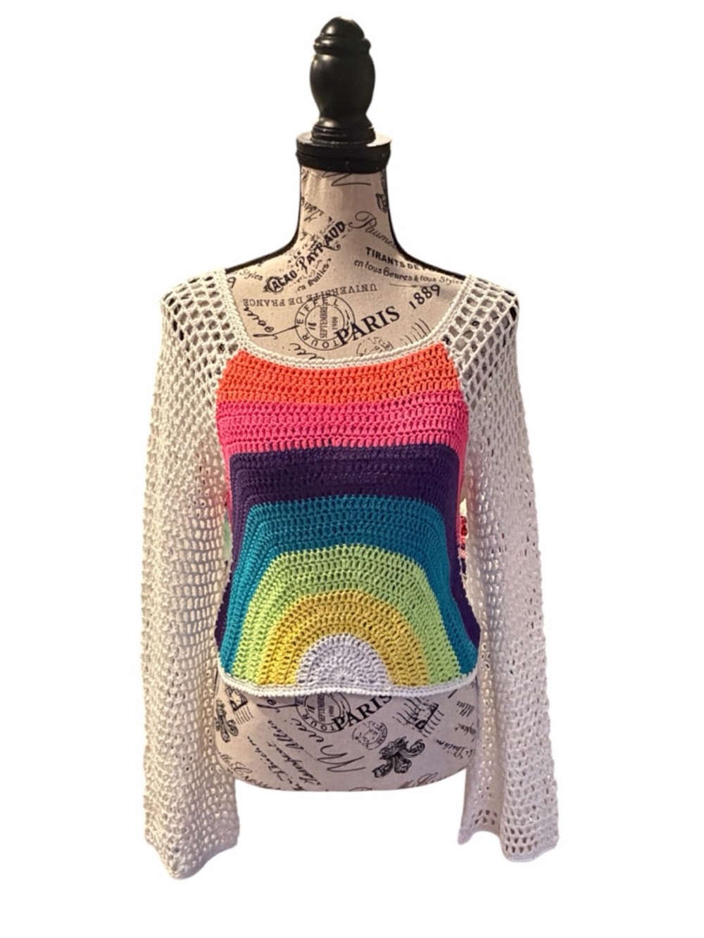 CHY Fashion Rainbow Crochet Crop Bell Sleeve Festival Y2K Top Boho S NWOT